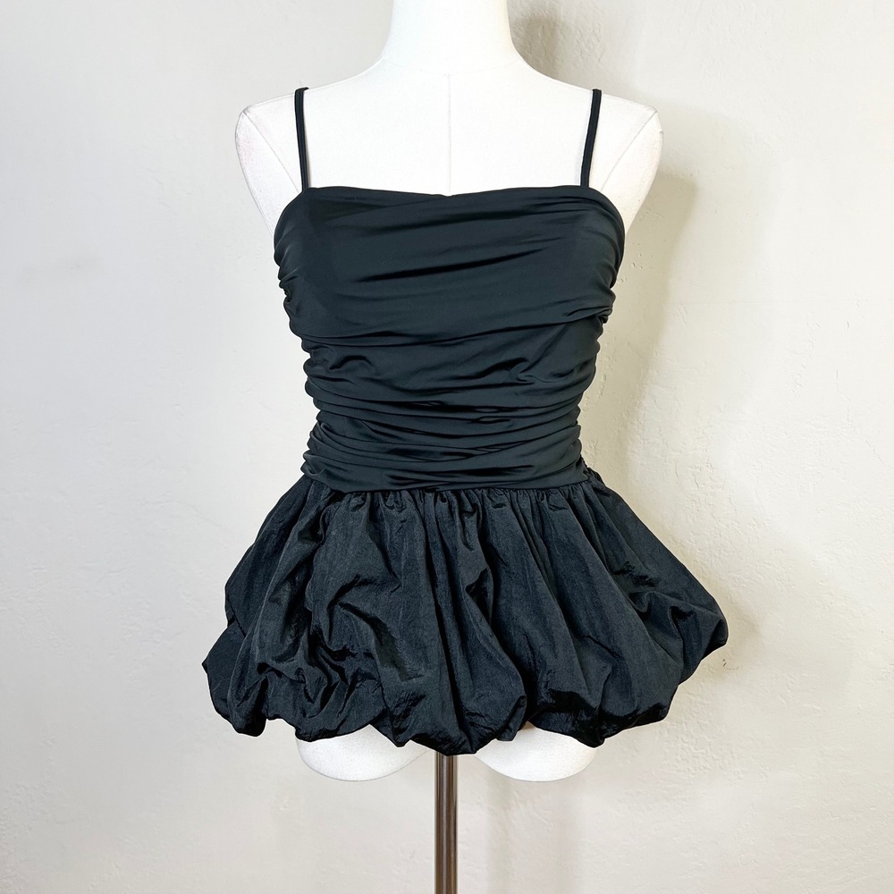 Future Collective Black Ruched Bubble Hem Peplum Tank Top Stretchy Small NEW NWT